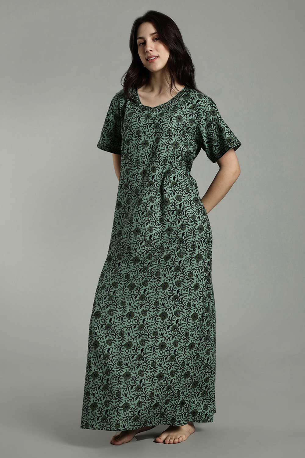 Naidu Hall Women's Full-Length Cotton Nighty – Border Patch Neckline, Sleeve Detailing & Side Pocket
 - Green - NA39