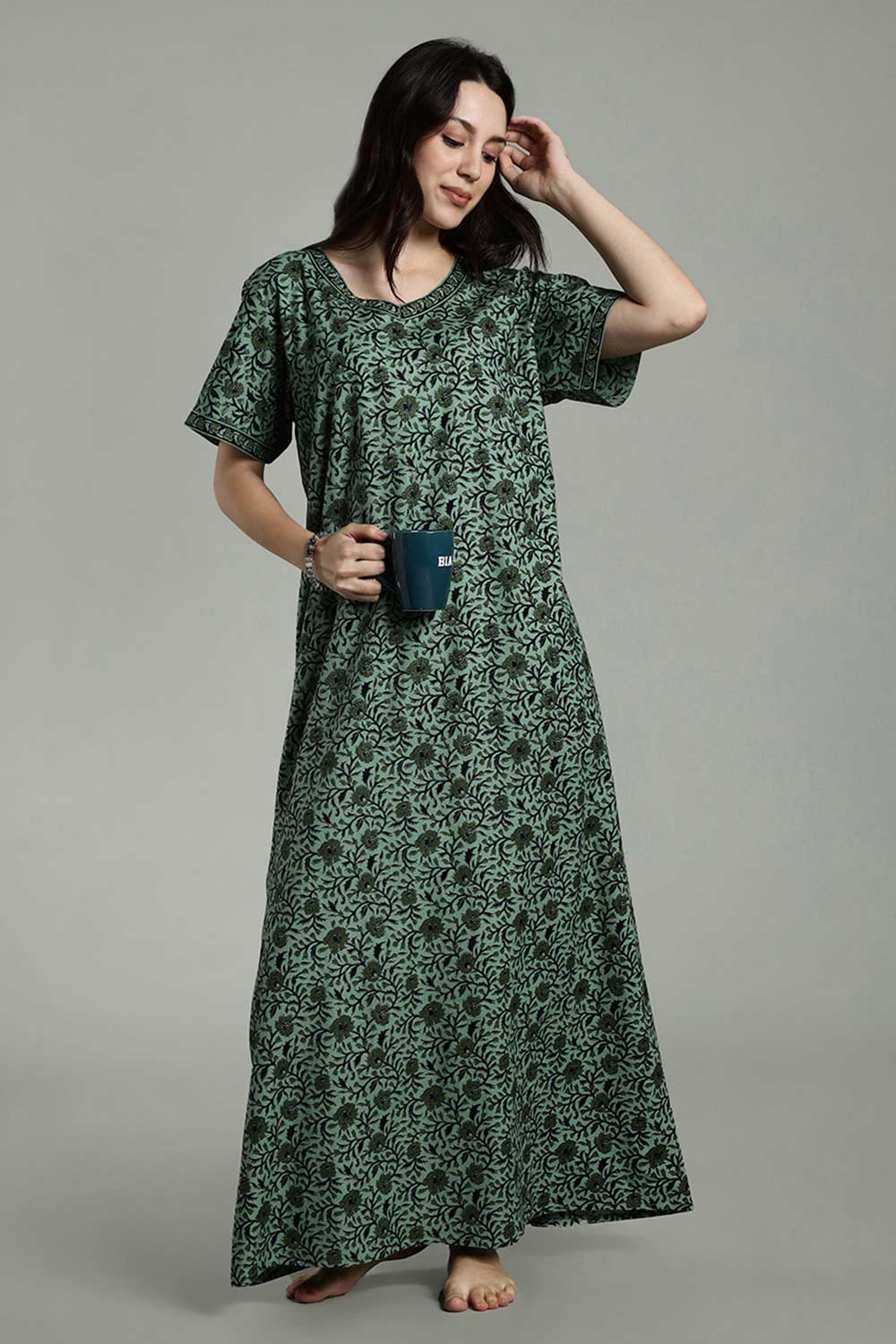 Naidu Hall Women's Full-Length Cotton Nighty – Border Patch Neckline, Sleeve Detailing & Side Pocket
 - Green - NA39
