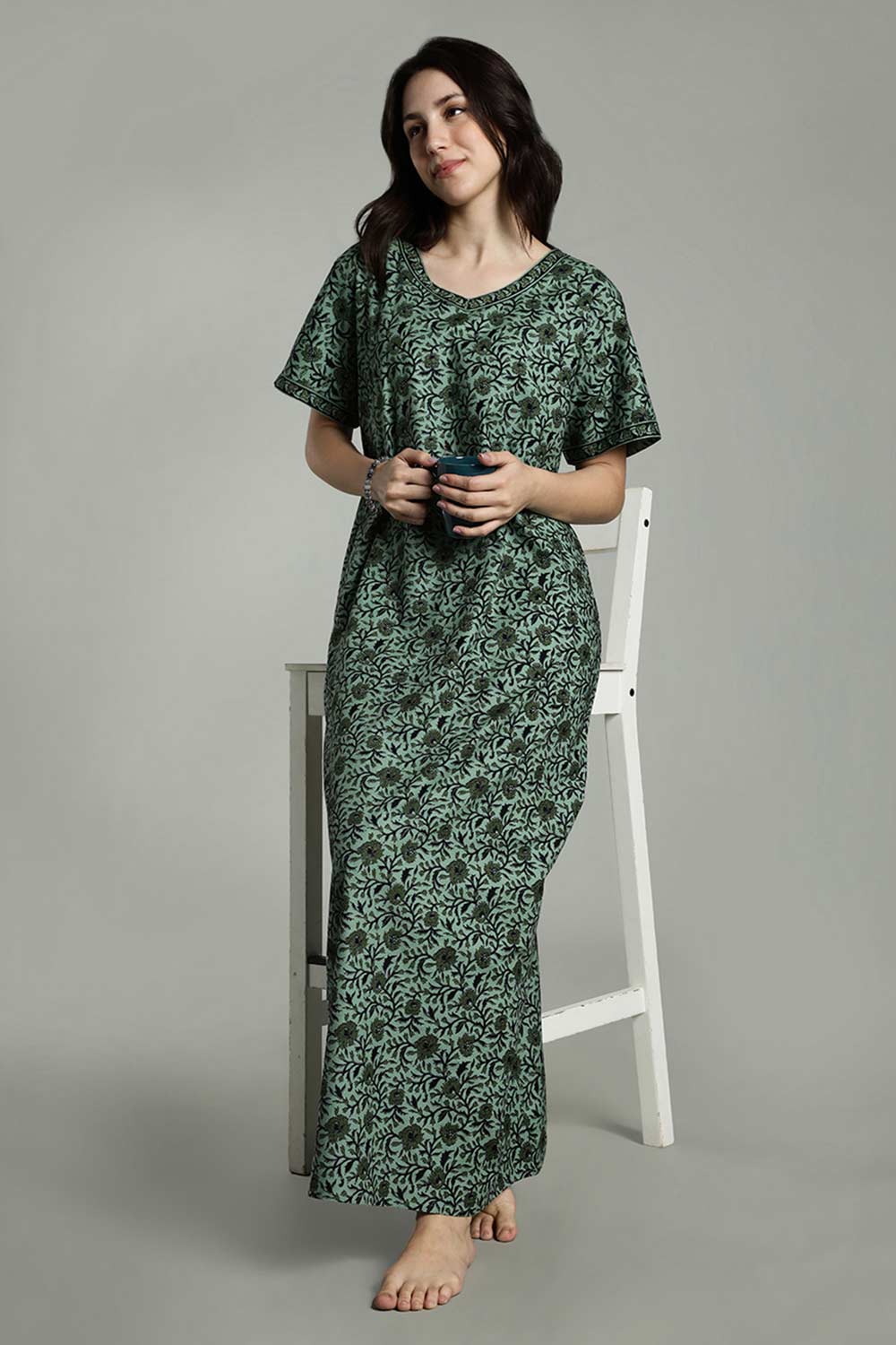 Naidu Hall Women’s Full-Length Cotton Nighty – Border Patch Neckline, Sleeve Detailing & Side Pocket
 - Green - NA39