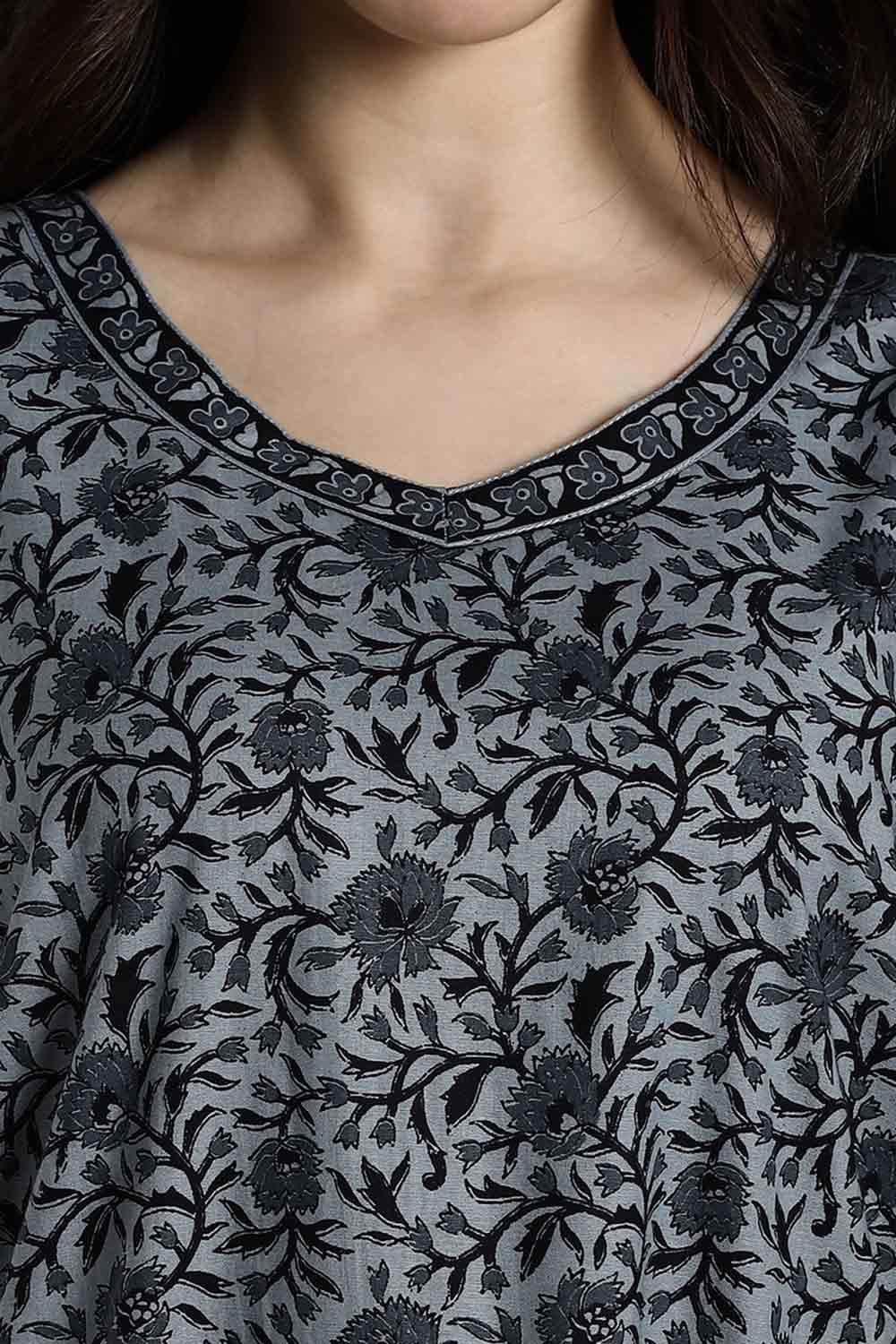 Naidu Hall Women's Full-Length Cotton Nighty – Border Patch Neckline, Sleeve Detailing & Side Pocket
 - Blue - NA39