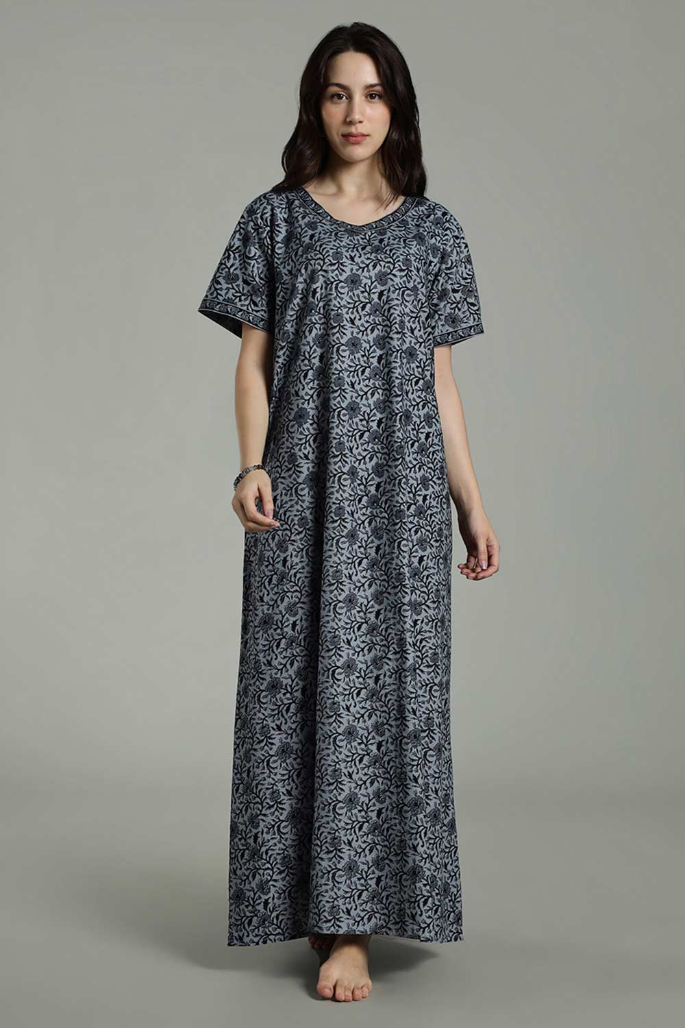 Naidu Hall Women’s Full-Length Cotton Nighty – Border Patch Neckline, Sleeve Detailing & Side Pocket
 - Blue - NA39