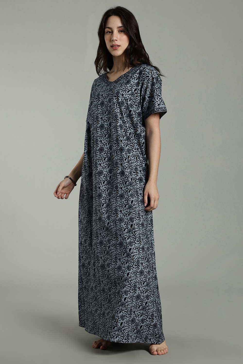Naidu Hall Women’s Full-Length Cotton Nighty – Border Patch Neckline, Sleeve Detailing & Side Pocket
 - Blue - NA39