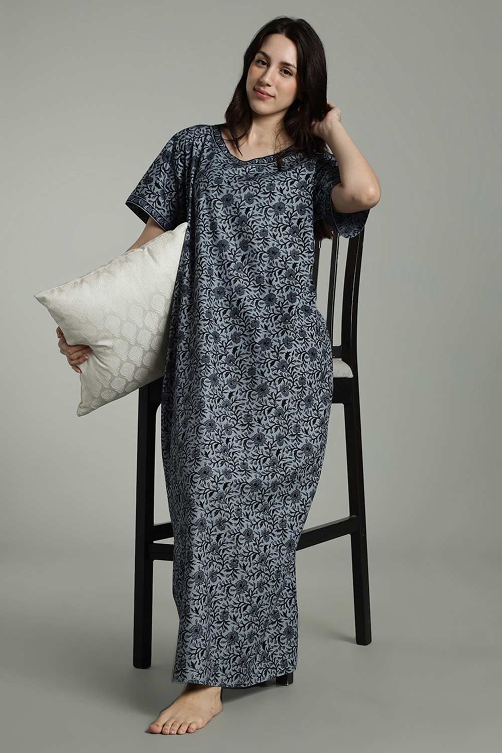 Naidu Hall Women's Full-Length Cotton Nighty – Border Patch Neckline, Sleeve Detailing & Side Pocket
 - Blue - NA39