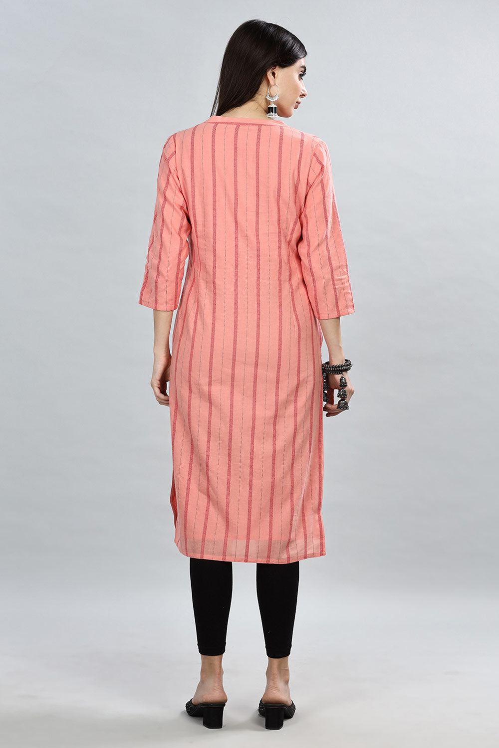 Mythri Cutaway Collar With 3/4th Sleeve V Neck Straight Cut Kurta  - Peach - KU61