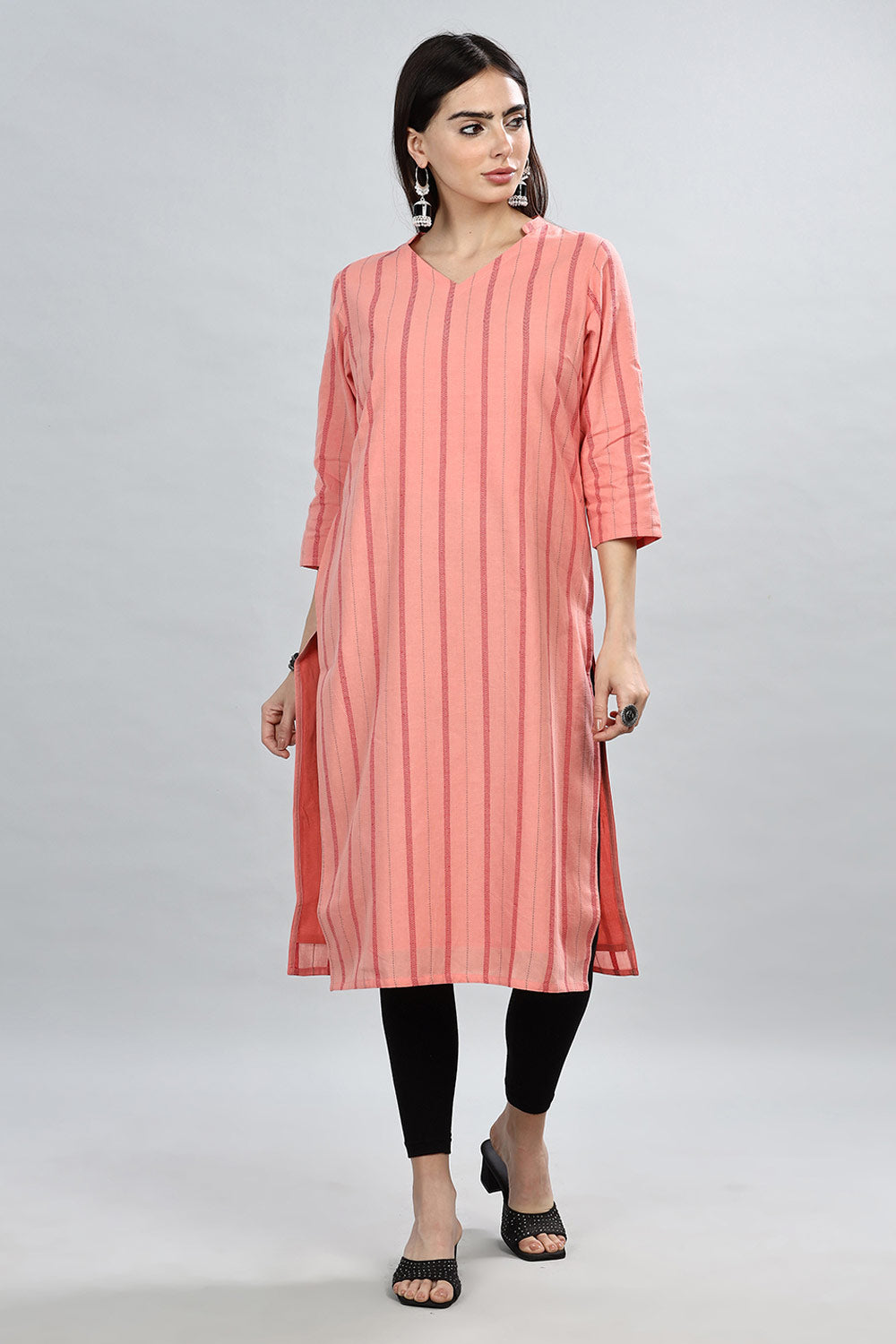 Mythri Cutaway Collar With 3/4th Sleeve V Neck Straight Cut Kurta  - Peach - KU61