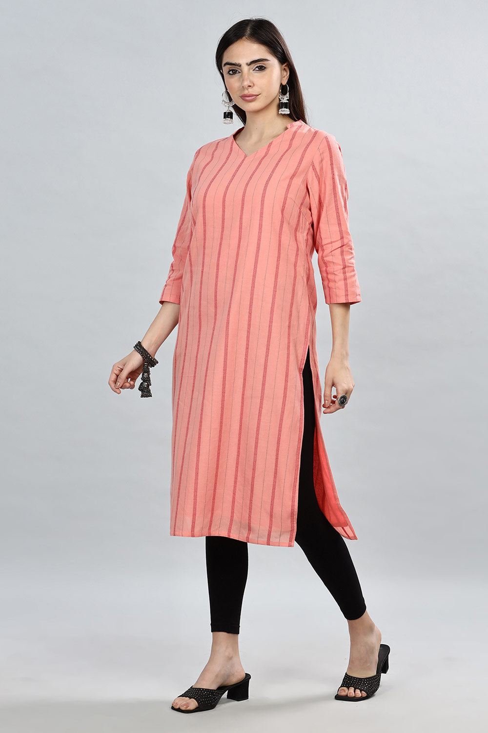 Mythri Cutaway Collar With 3/4th Sleeve V Neck Straight Cut Kurta  - Peach - KU61