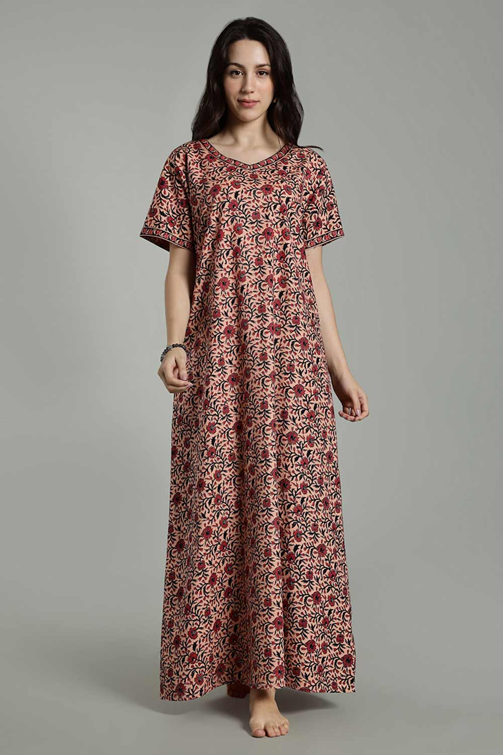 Naidu Hall Women’s Full-Length Cotton Nighty – Border Patch Neckline, Sleeve Detailing & Side Pocket
 - Pink - NA39