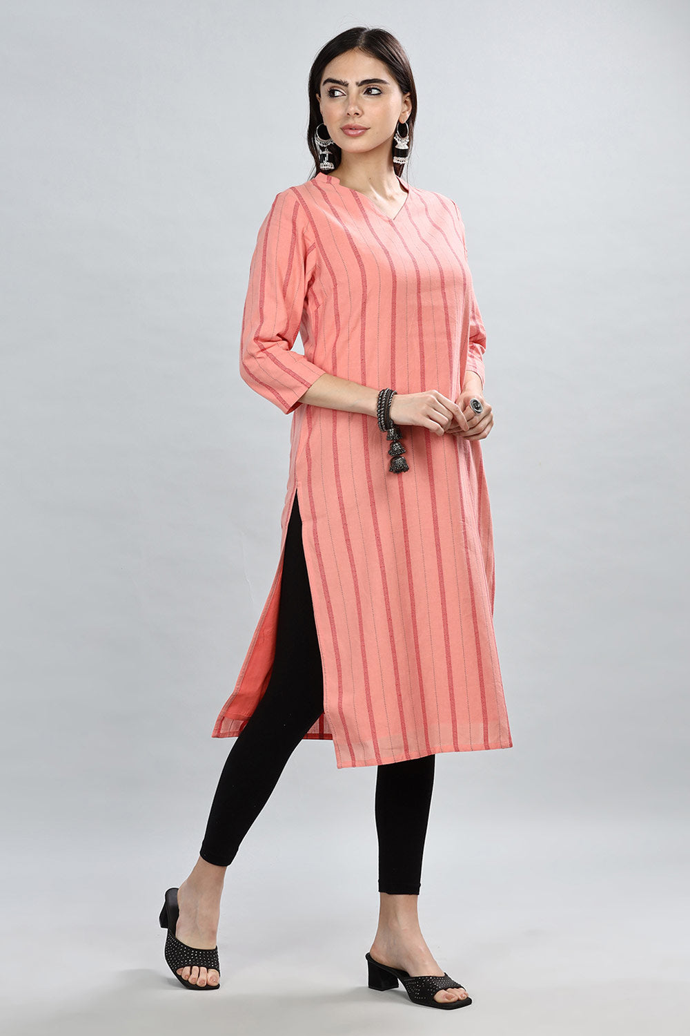 Mythri Cutaway Collar With 3/4th Sleeve V Neck Straight Cut Kurta  - Peach - KU61