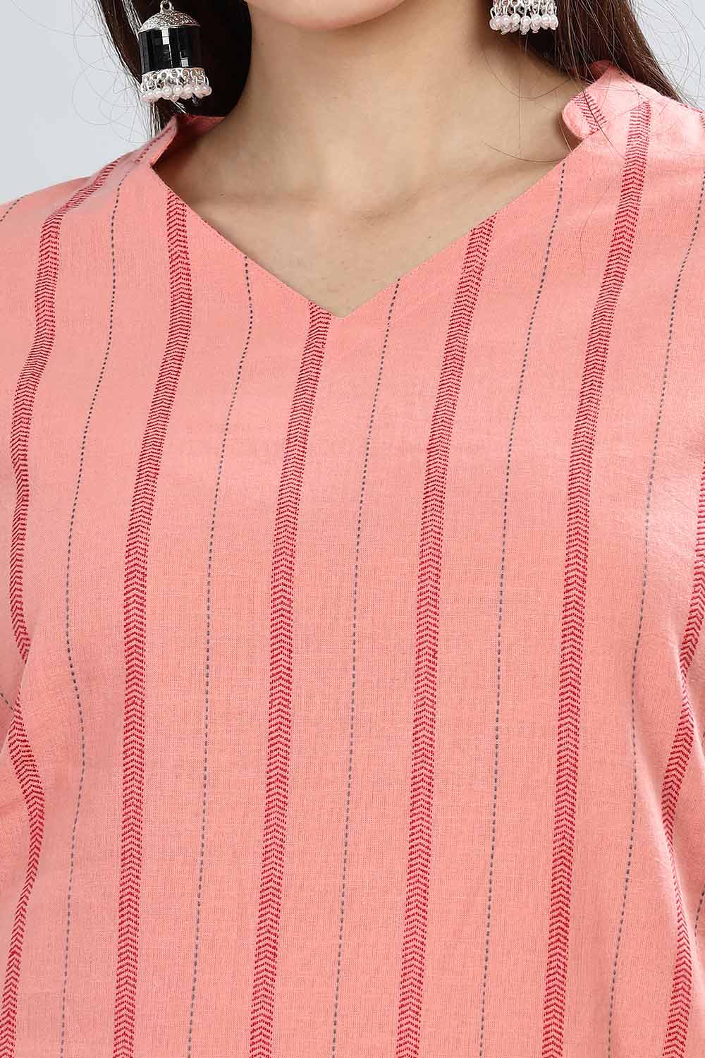 Mythri Cutaway Collar With 3/4th Sleeve V Neck Straight Cut Kurta  - Peach - KU61