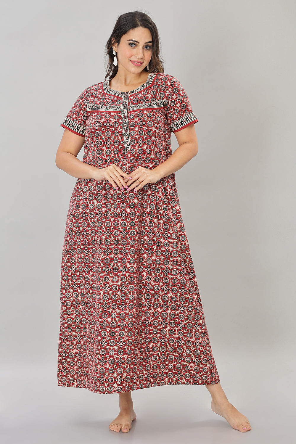 Naidu Hall Square Neck Cotton Printed Front open Pleated  Women's Nighty With Slant Pocket - Maroon - NT24