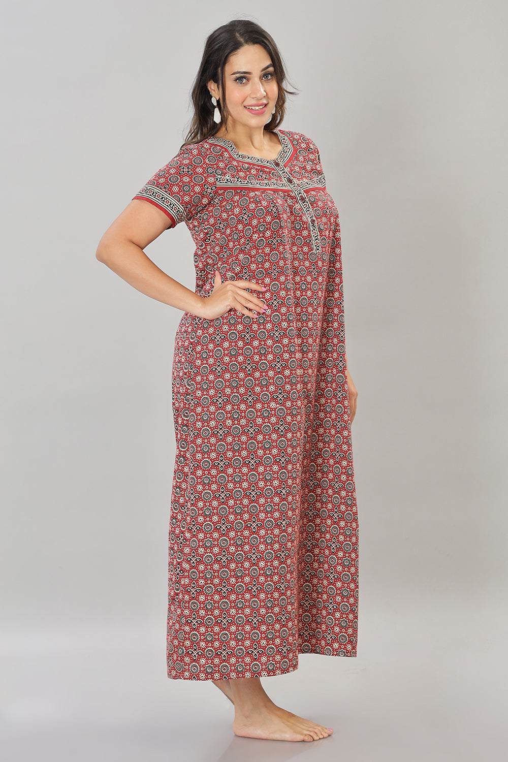 Naidu Hall Square Neck Cotton Printed Front open Pleated  Women's Nighty With Slant Pocket - Maroon - NT24