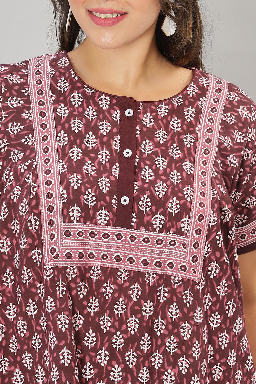 Naidu Hall Round Neck Cotton Printed Front open Pleated  Women's Nighty With Slant Pocket - Maroon - NT03