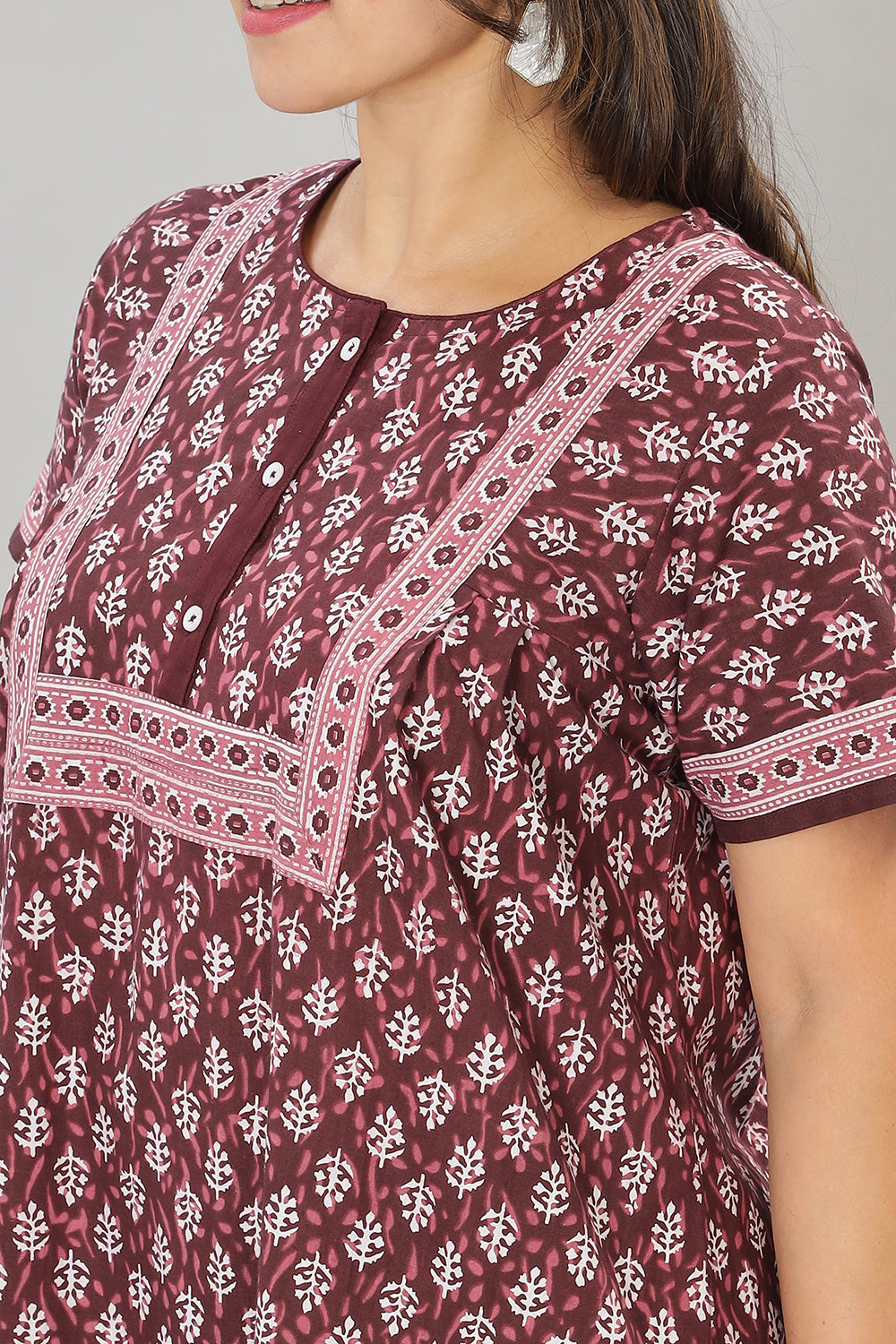 Naidu Hall Round Neck Cotton Printed Front open Pleated  Women's Nighty With Slant Pocket - Maroon - NT03