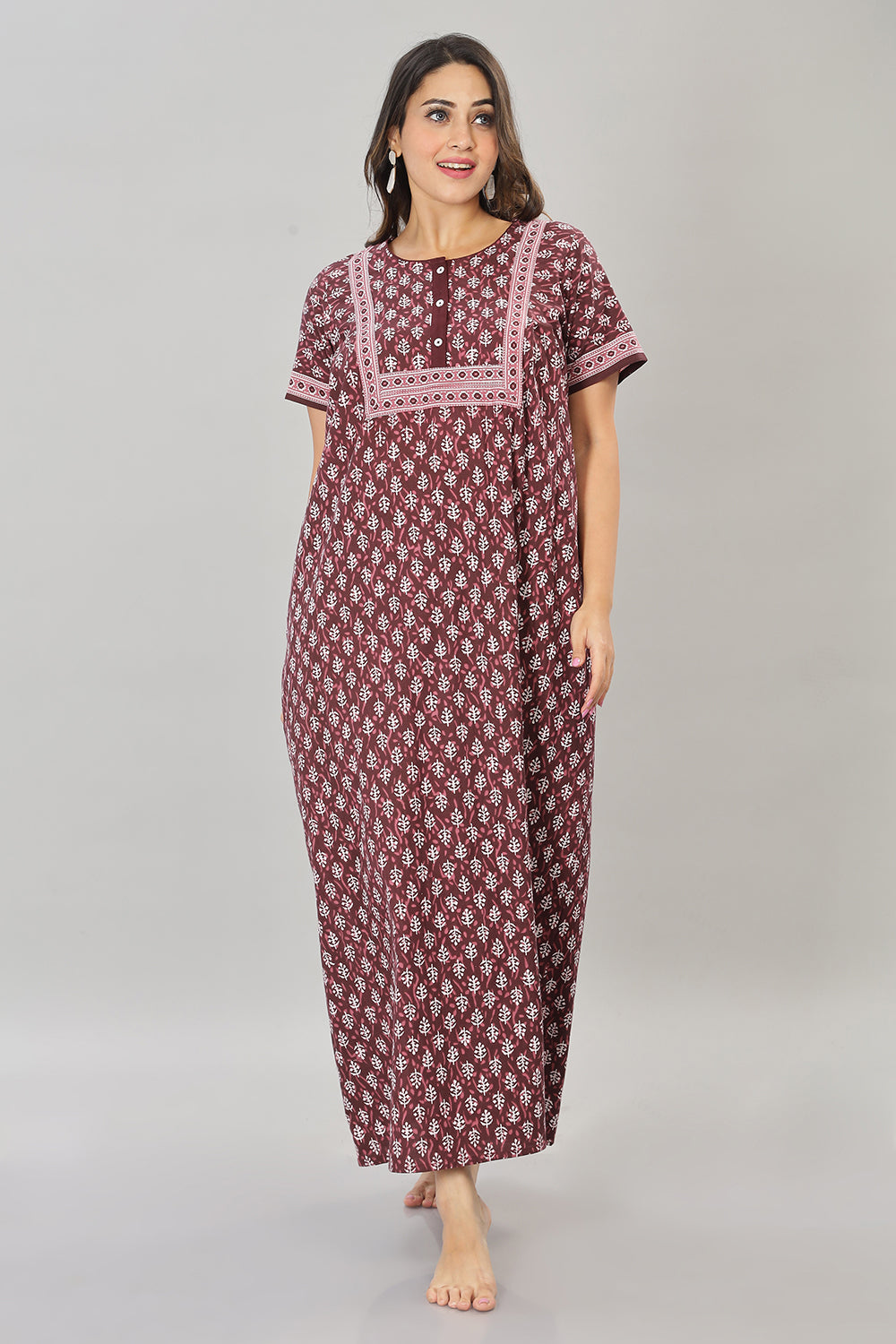 Naidu Hall Round Neck Cotton Printed Front open Pleated  Women's Nighty With Slant Pocket - Maroon - NT03