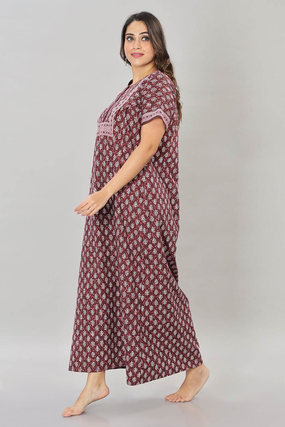 Naidu Hall Round Neck Cotton Printed Front open Pleated  Women's Nighty With Slant Pocket - Maroon - NT03