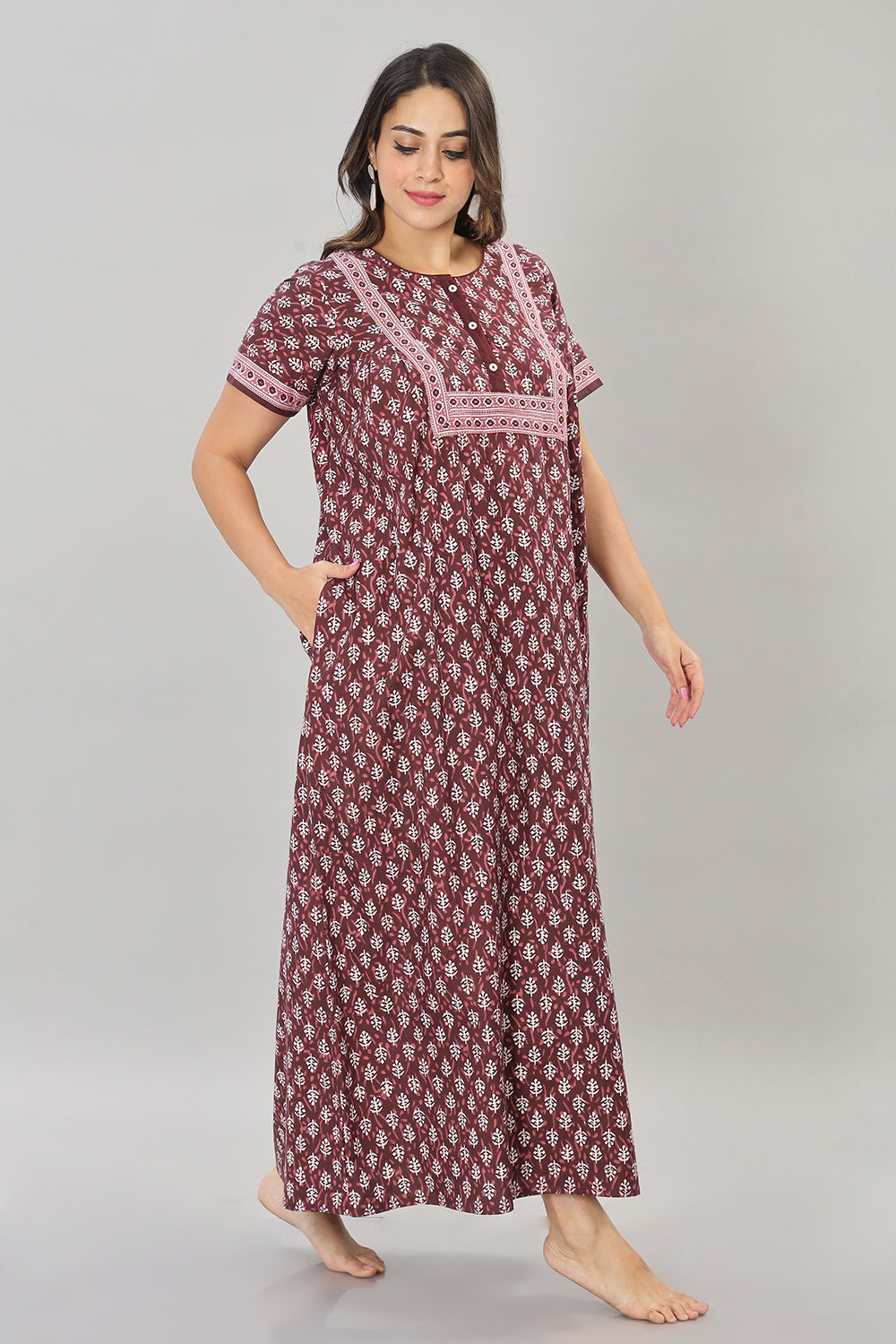 Naidu Hall Round Neck Cotton Printed Front open Pleated  Women's Nighty With Slant Pocket - Maroon - NT03