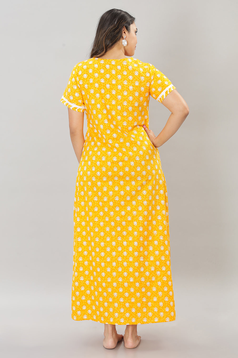 Naidu Hall Round Neck Cotton Printed Pull on  A line  Women's Nighty With Slant Pocket - Yellow - NT37