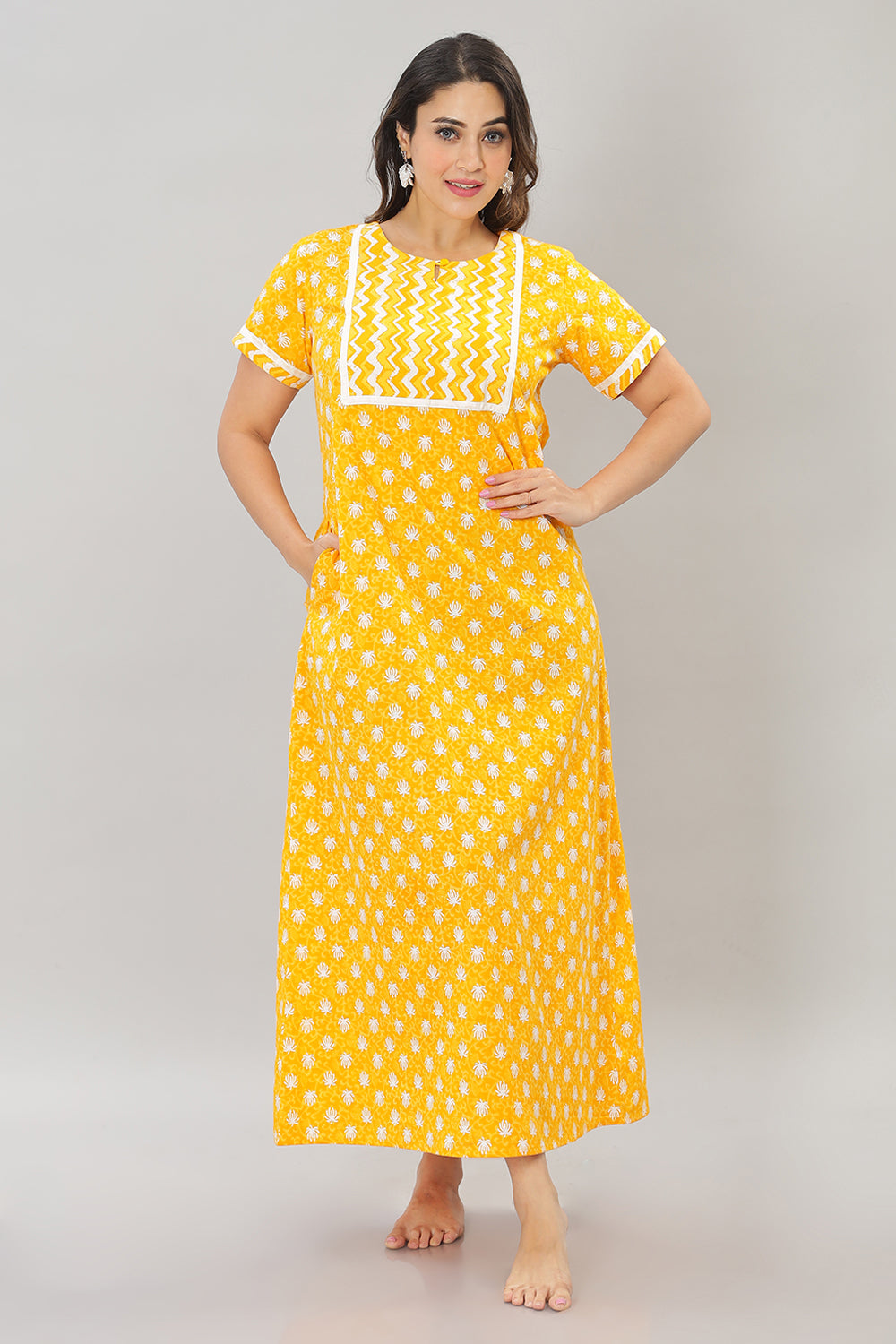 Naidu Hall Round Neck Cotton Printed Pull on  A line  Women's Nighty With Slant Pocket - Yellow - NT37