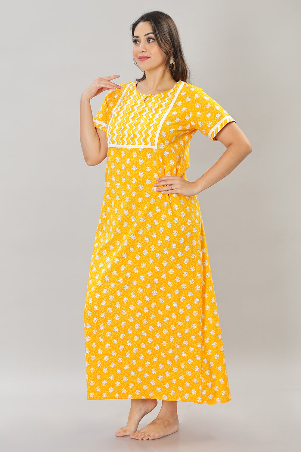 Naidu Hall Round Neck Cotton Printed Pull on  A line  Women's Nighty With Slant Pocket - Yellow - NT37