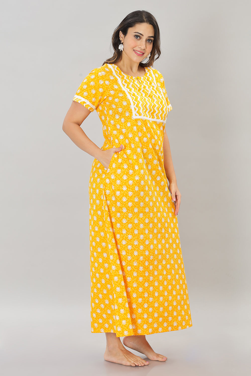 Naidu Hall Round Neck Cotton Printed Pull on  A line  Women's Nighty With Slant Pocket - Yellow - NT37