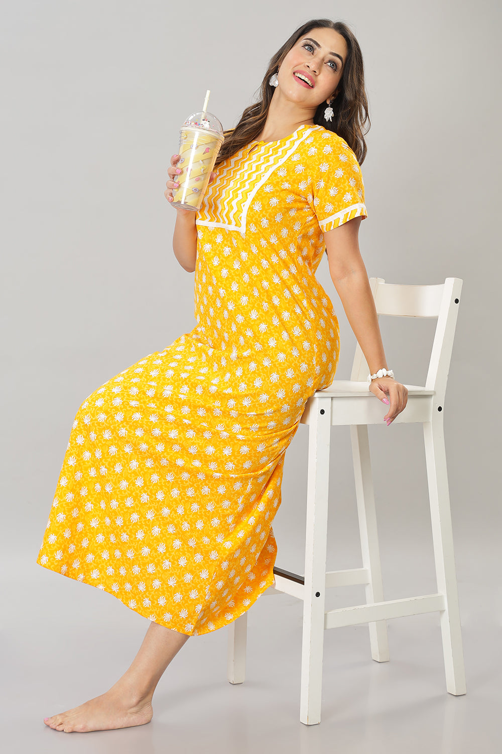 Naidu Hall Round Neck Cotton Printed Pull on  A line  Women's Nighty With Slant Pocket - Yellow - NT37