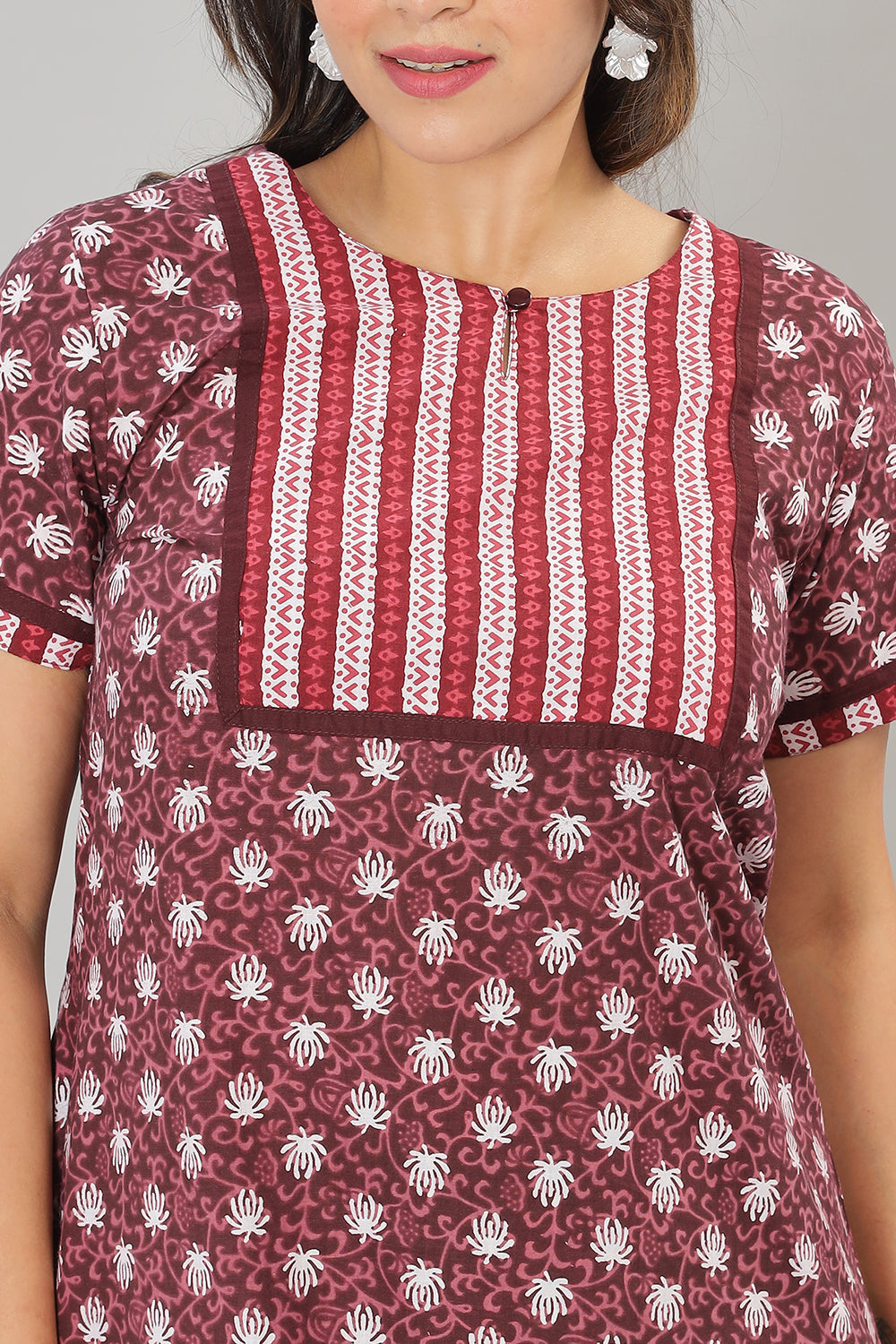 Naidu Hall Round Neck Cotton Printed Pull on  A line  Women's Nighty With Slant Pocket - Maroon - NT35