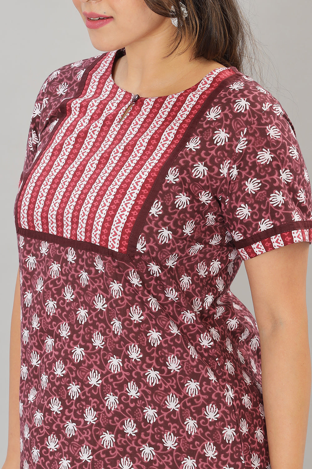 Naidu Hall Round Neck Cotton Printed Pull on  A line  Women's Nighty With Slant Pocket - Maroon - NT35