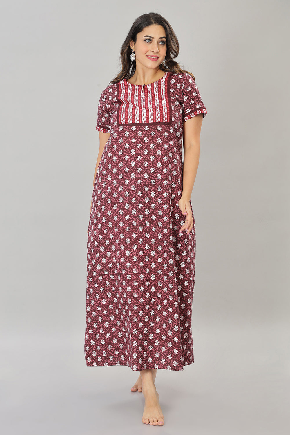 Naidu Hall Round Neck Cotton Printed Pull on  A line  Women's Nighty With Slant Pocket - Maroon - NT35