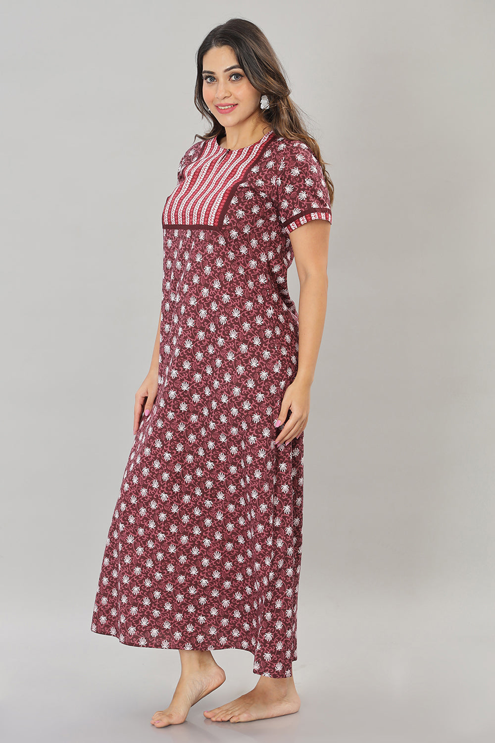 Naidu Hall Round Neck Cotton Printed Pull on  A line  Women's Nighty With Slant Pocket - Maroon - NT35