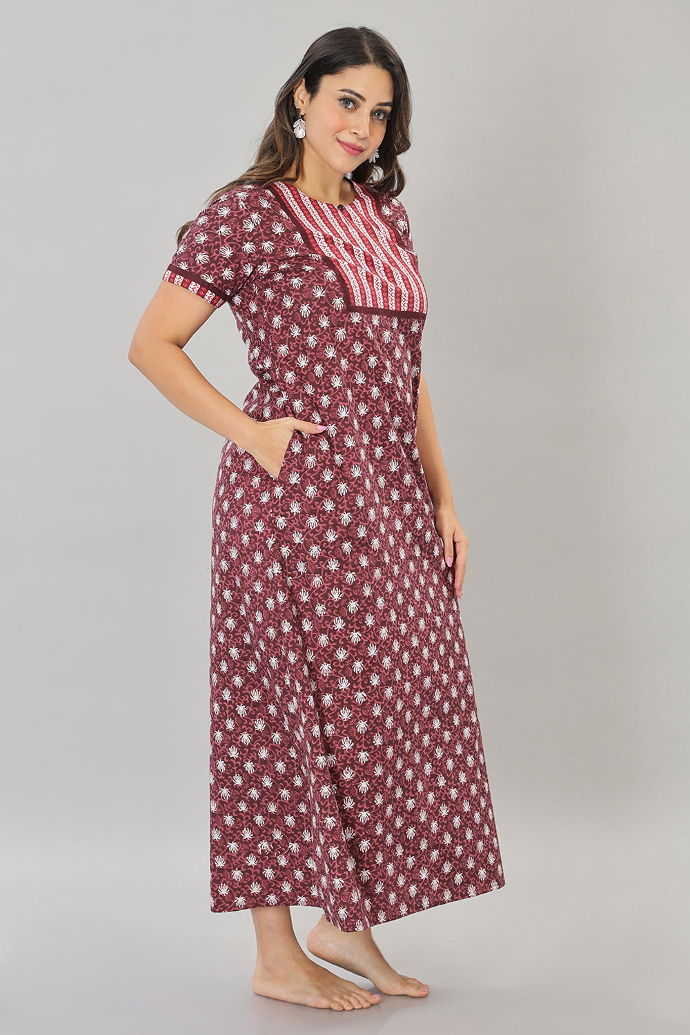 Naidu Hall Round Neck Cotton Printed Pull on  A line  Women's Nighty With Slant Pocket - Maroon - NT35