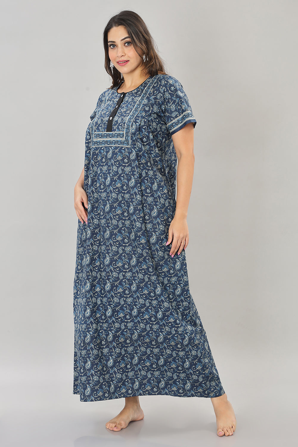 Naidu Hall Round Neck Cotton Printed Front open Pleated  Women's Nighty With Slant Pocket - Dark blue - NT09