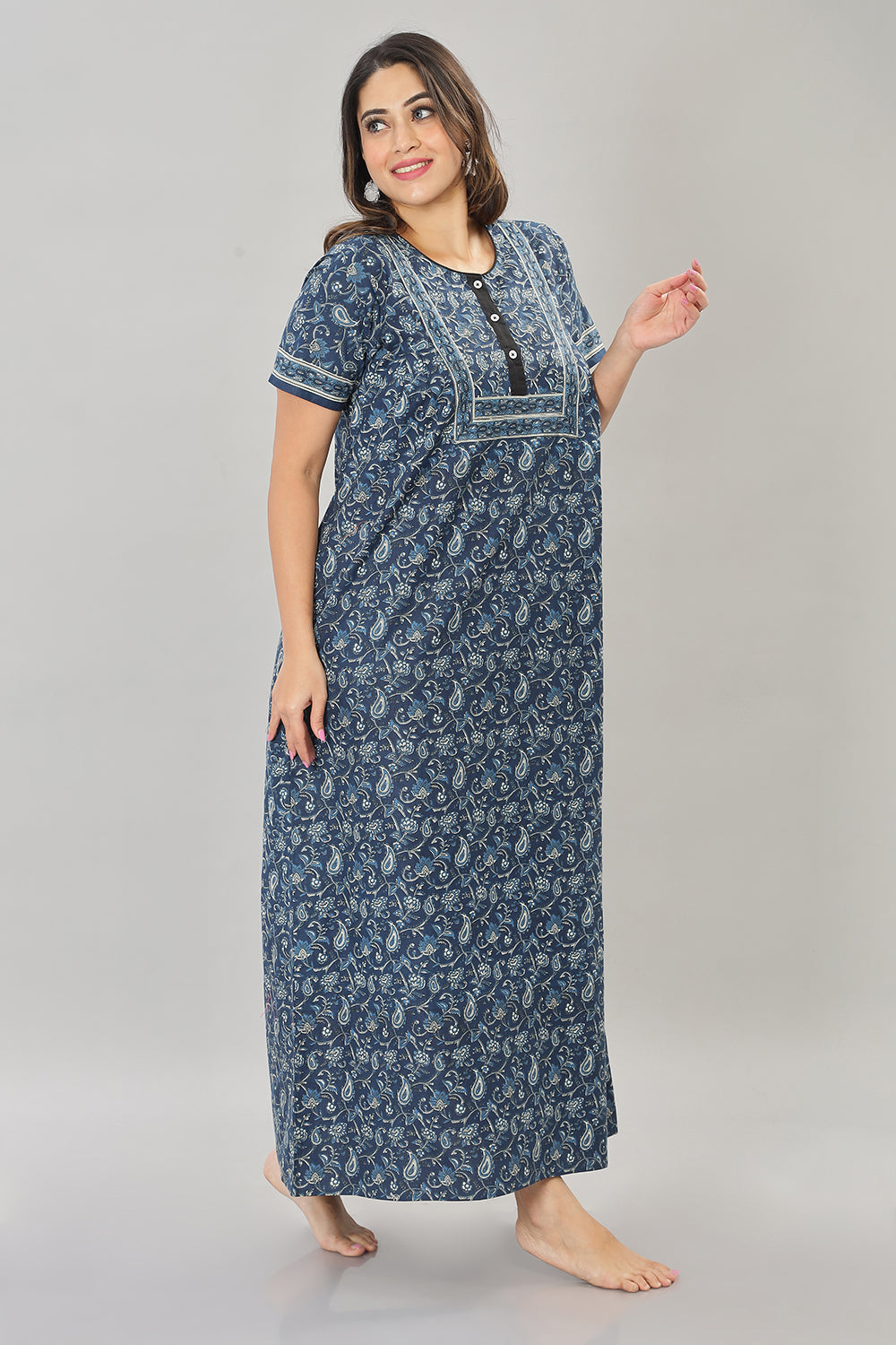 Naidu Hall Round Neck Cotton Printed Front open Pleated  Women's Nighty With Slant Pocket - Dark blue - NT09