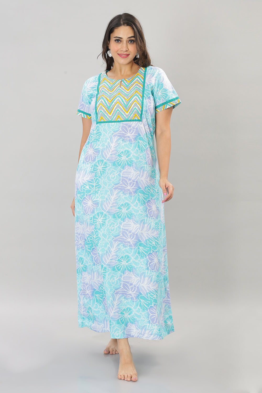 Naidu Hall Round Neck Cotton Printed Pull on  A line  Women's Nighty With Slant Pocket - Blue - NT34