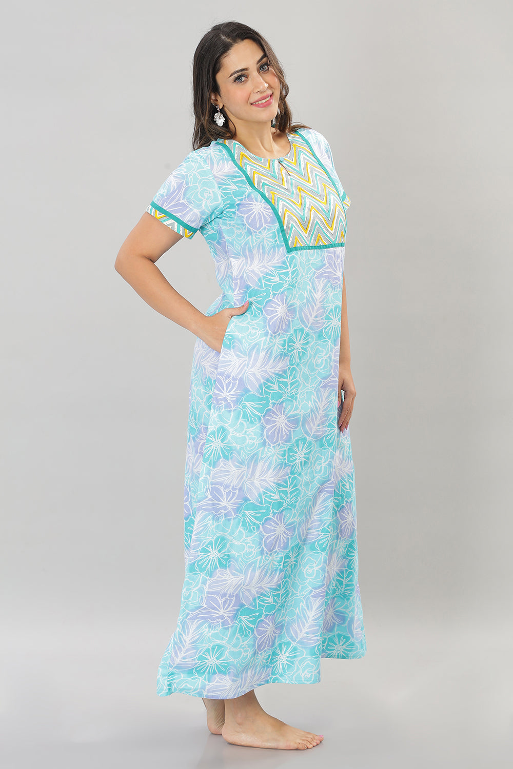 Naidu Hall Round Neck Cotton Printed Pull on  A line  Women's Nighty With Slant Pocket - Blue - NT34