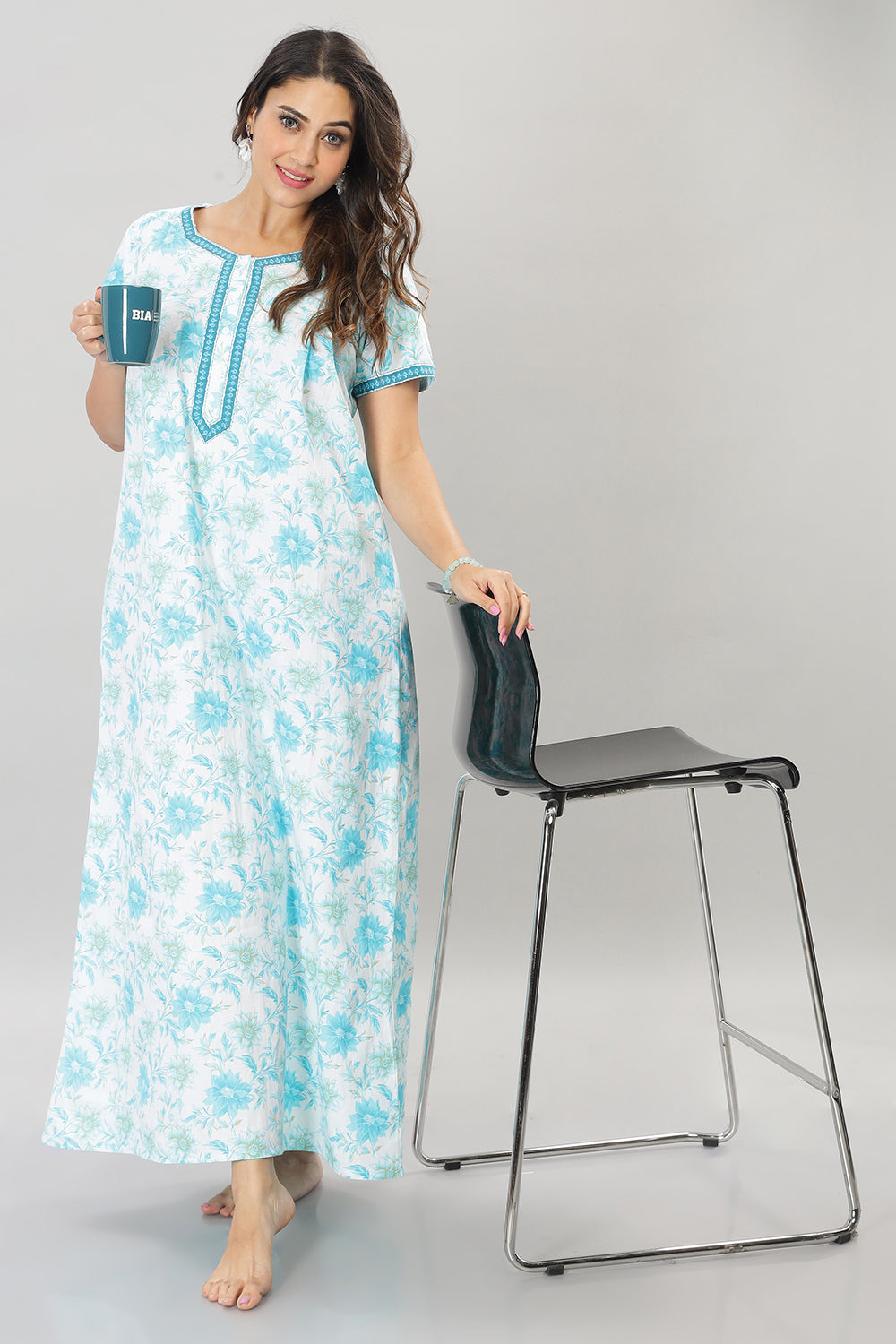 Naidu Hall Square Neck Cotton Printed Front open Pleated  Women's Nighty With Slant Pocket - Blue - NT29