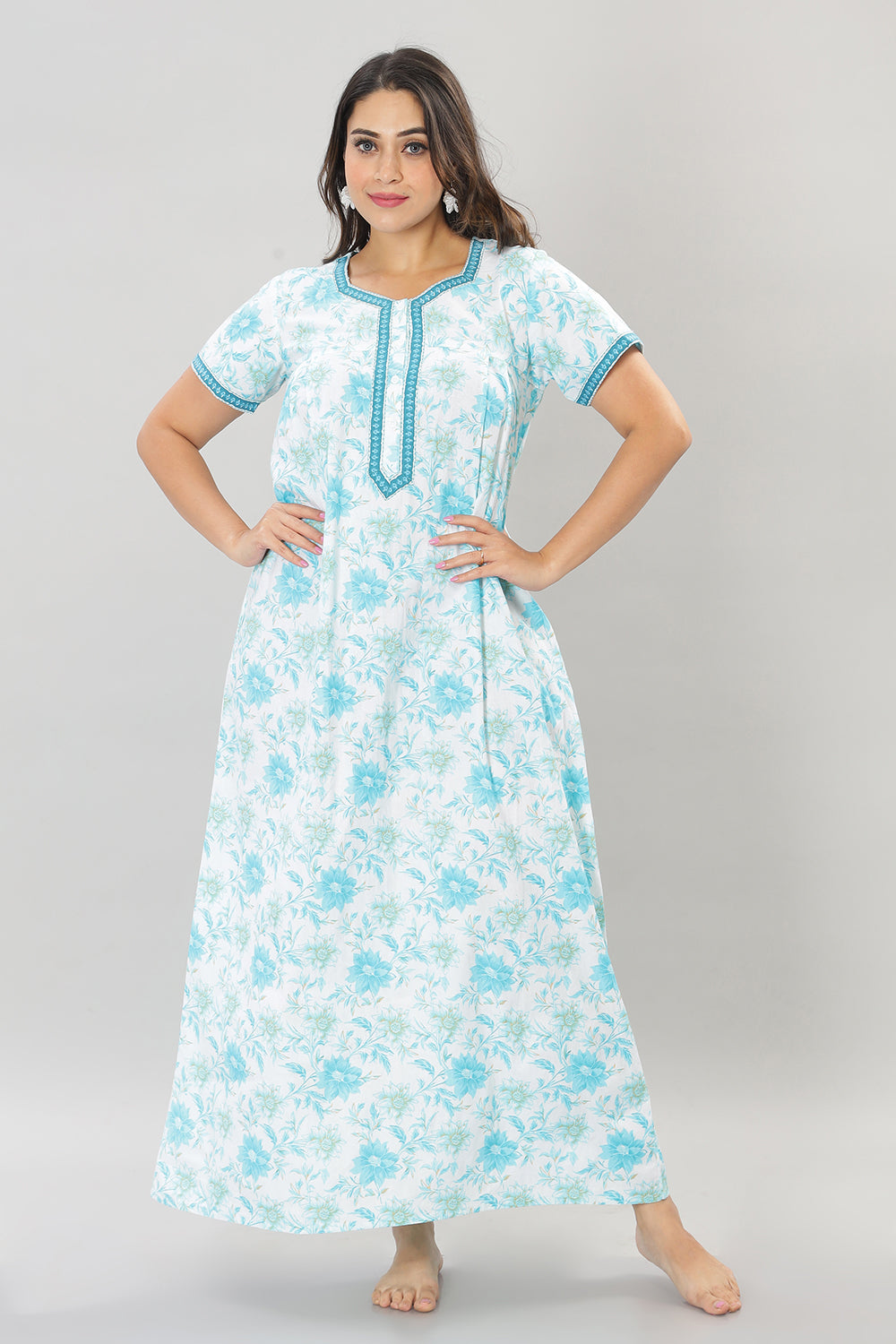 Naidu Hall Square Neck Cotton Printed Front open Pleated  Women's Nighty With Slant Pocket - Blue - NT29