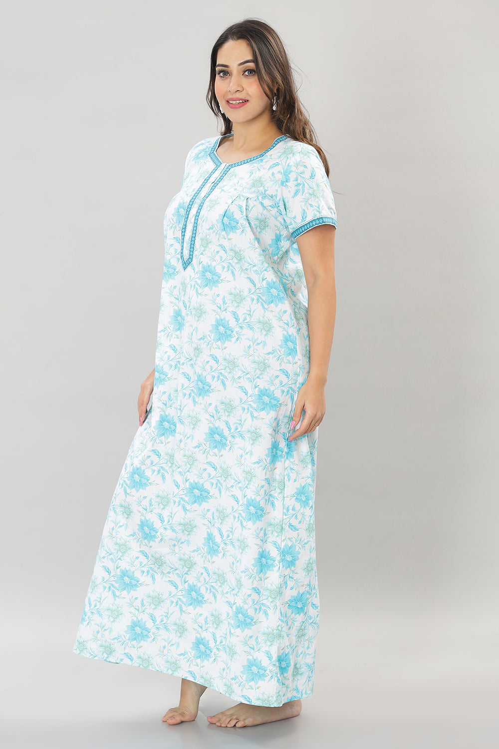 Naidu Hall Square Neck Cotton Printed Front open Pleated  Women's Nighty With Slant Pocket - Blue - NT29