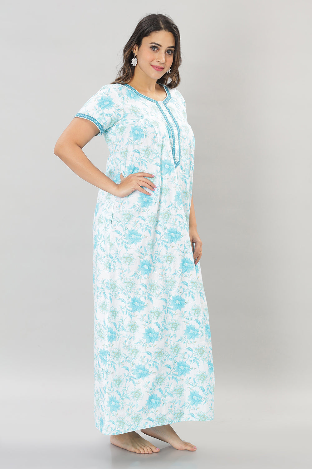 Naidu Hall Square Neck Cotton Printed Front open Pleated  Women's Nighty With Slant Pocket - Blue - NT29