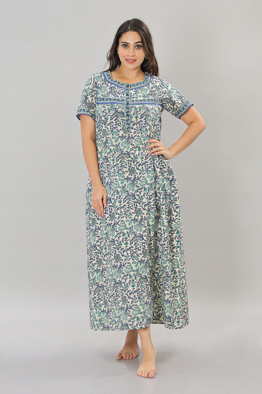 Naidu Hall Square Neck Cotton Printed Front open Pleated  Women's Nighty With Slant Pocket - Dark blue - NT19