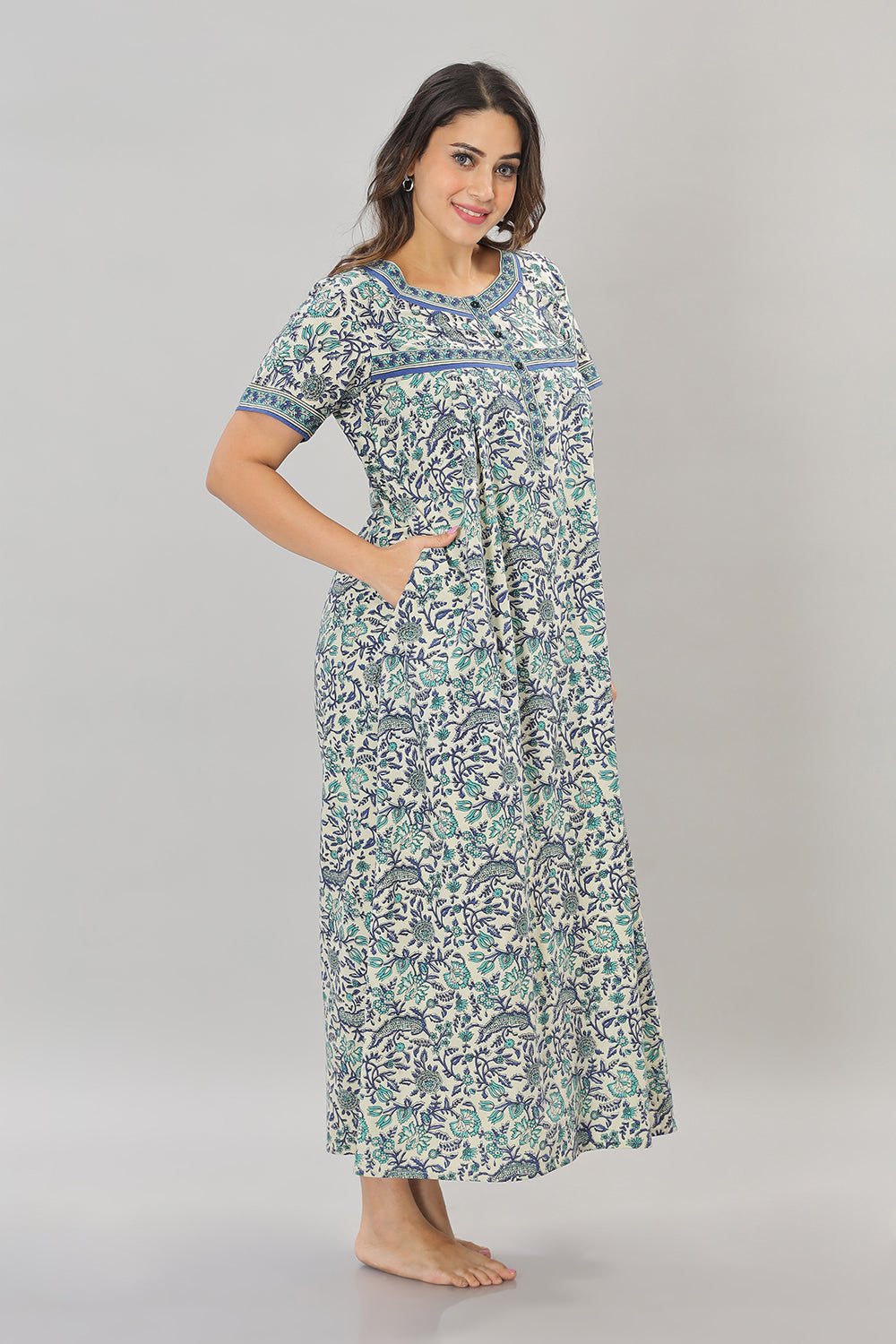 Naidu Hall Square Neck Cotton Printed Front open Pleated  Women's Nighty With Slant Pocket - Dark blue - NT19