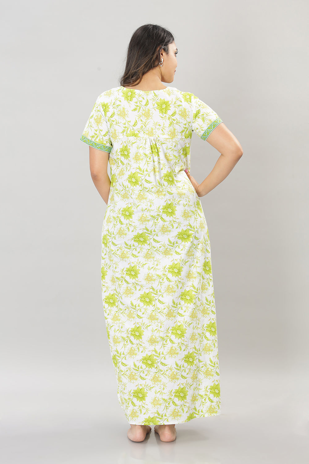 Naidu Hall Square Neck Cotton Printed Front open Pleated  Women's Nighty With Slant Pocket - Green - NT28