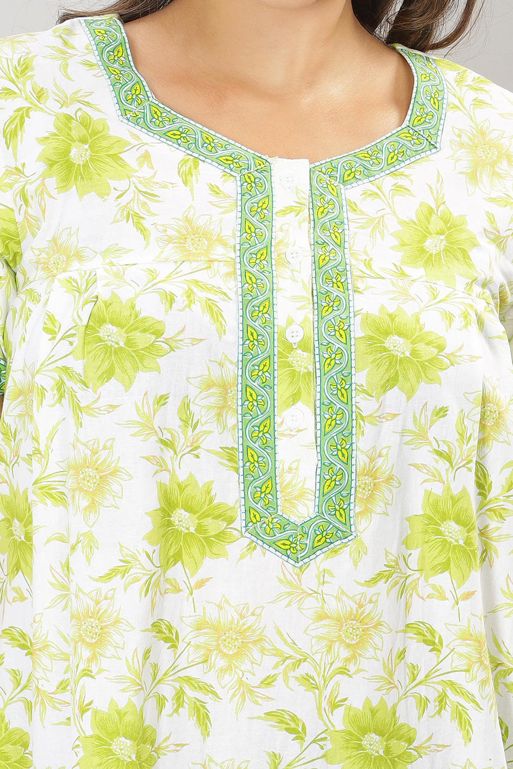 Naidu Hall Square Neck Cotton Printed Front open Pleated  Women's Nighty With Slant Pocket - Green - NT28