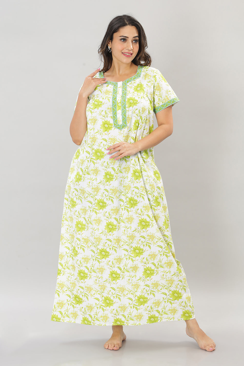 Naidu Hall Square Neck Cotton Printed Front open Pleated  Women's Nighty With Slant Pocket - Green - NT28