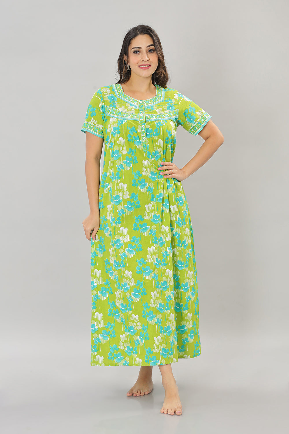 Naidu Hall Square Neck Cotton Printed Front open Pleated  Women's Nighty With Slant Pocket - Lime green - NT21