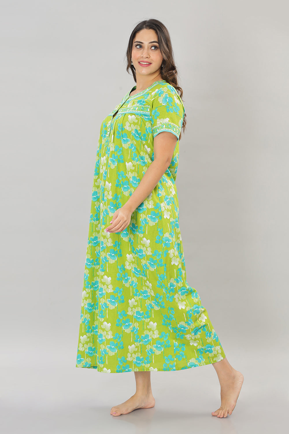 Naidu Hall Square Neck Cotton Printed Front open Pleated  Women's Nighty With Slant Pocket - Lime green - NT21