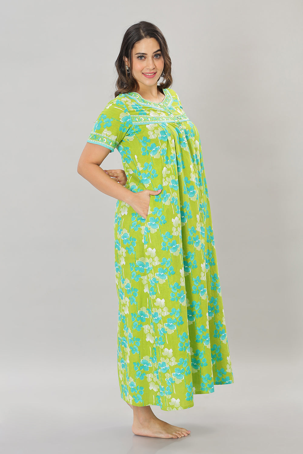 Naidu Hall Square Neck Cotton Printed Front open Pleated  Women's Nighty With Slant Pocket - Lime green - NT21