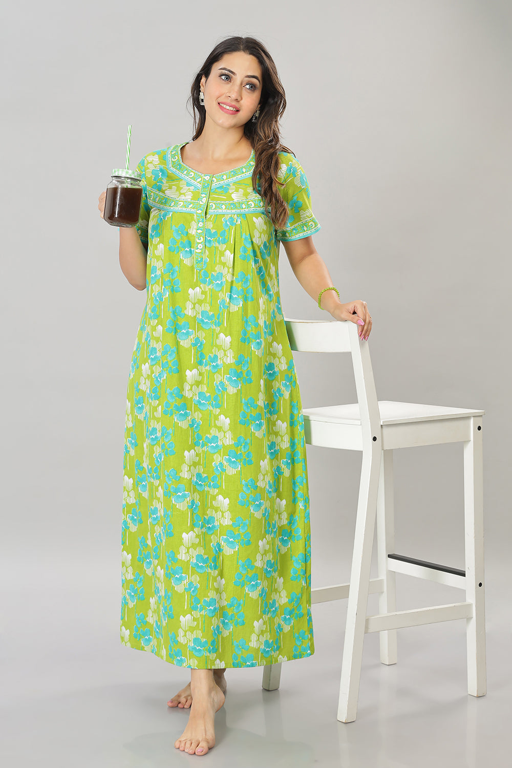 Naidu Hall Square Neck Cotton Printed Front open Pleated  Women's Nighty With Slant Pocket - Lime green - NT21