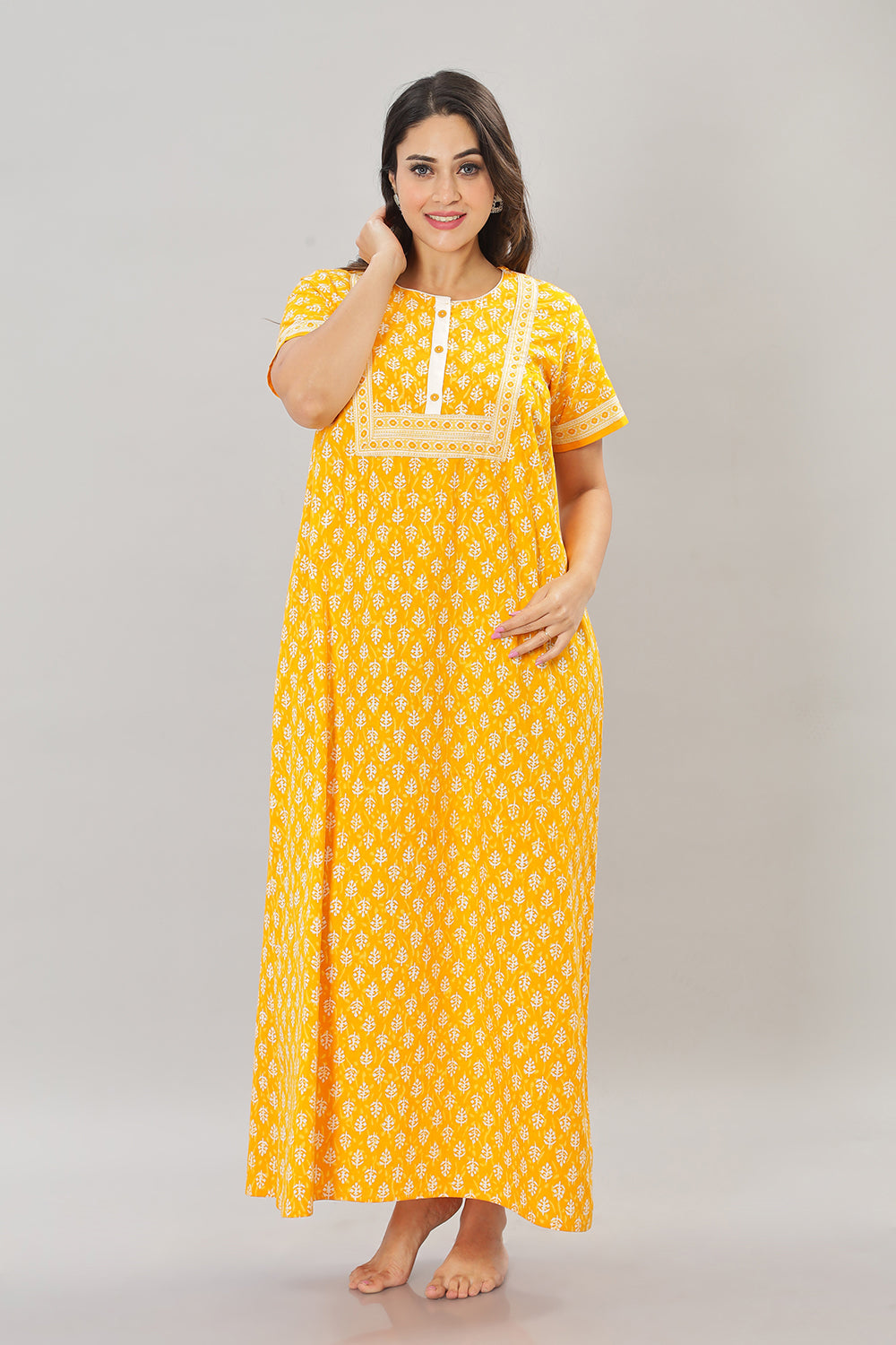 Naidu Hall Round Neck Cotton Printed Front open Pleated  Women's Nighty With Slant Pocket - Yellow - NT05