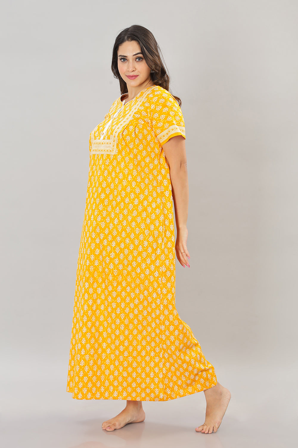 Naidu Hall Round Neck Cotton Printed Front open Pleated  Women's Nighty With Slant Pocket - Yellow - NT05