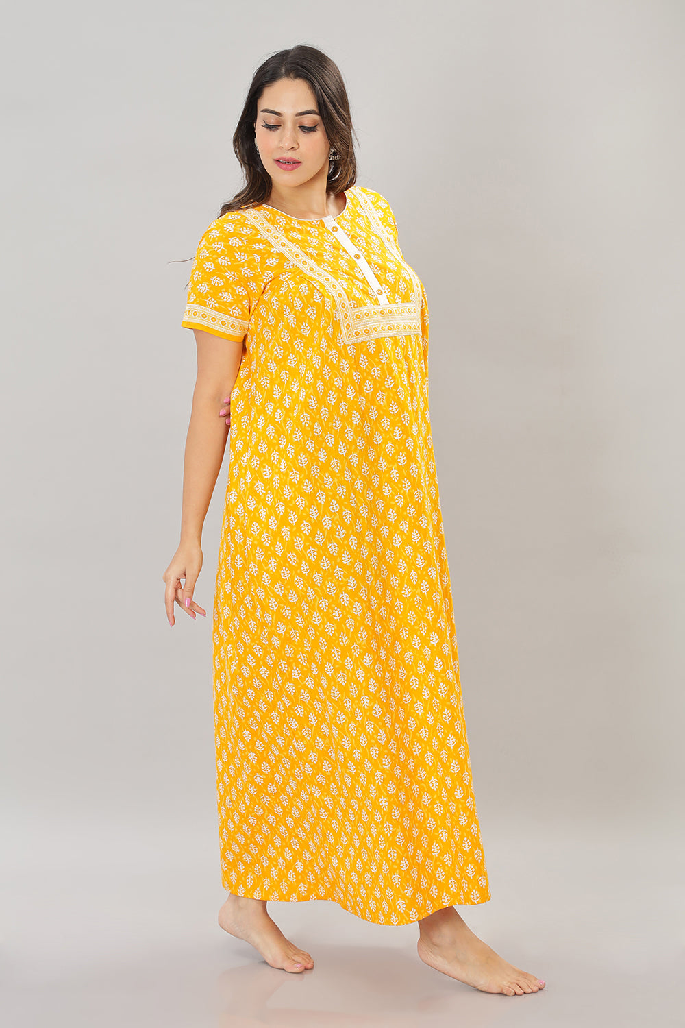 Naidu Hall Round Neck Cotton Printed Front open Pleated  Women's Nighty With Slant Pocket - Yellow - NT05